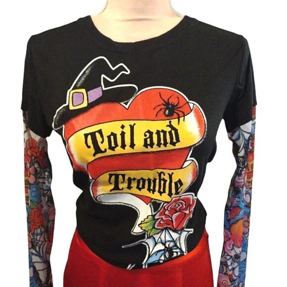 Y2K 00s Black Red Toil And Trouble Tattoo Mesh Long Sleeve Tshirt Large - Picture 3 of 16